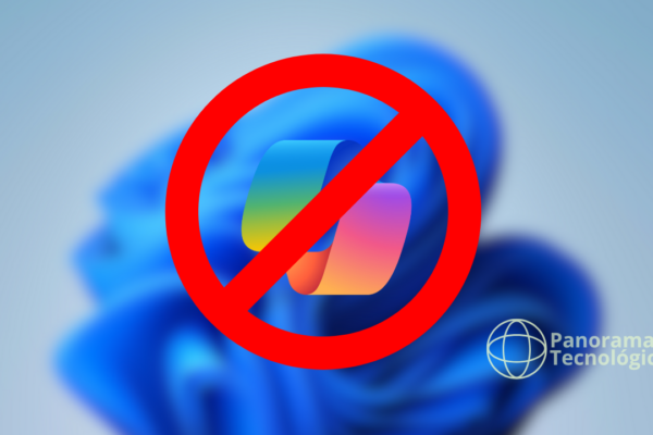 Imagem estilizada do fundo do Windows 11 com um símbolo de proibição vermelho sobre o logotipo do Microsoft Copilot, indicando reprovação ou restrição ao recurso. No canto inferior direito, aparece o logotipo e o texto 'Panorama Tecnológico', sugerindo associação com uma fonte de notícias ou comentários sobre tecnologia.