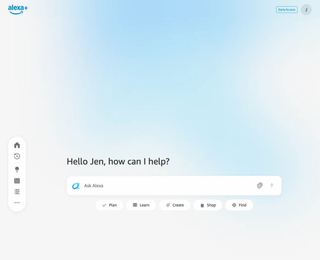 Interface do assistente virtual Alexa+ com fundo azul claro e branco, saudação 'Hello Jen, how can I help?' ao centro, barra de busca 'Ask Alexa' abaixo, cinco botões de ação ('Plan', 'Learn', 'Create', 'Shop', 'Find') e barra lateral com ícones de navegação vertical à esquerda. Créditos: Jennifer Pattison / The Verge.
