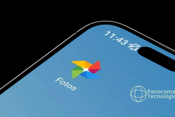 Tela de smartphone Android exibindo o ícone do aplicativo Google Fotos, com fundo azul, modo silencioso ativado e marca d'água 