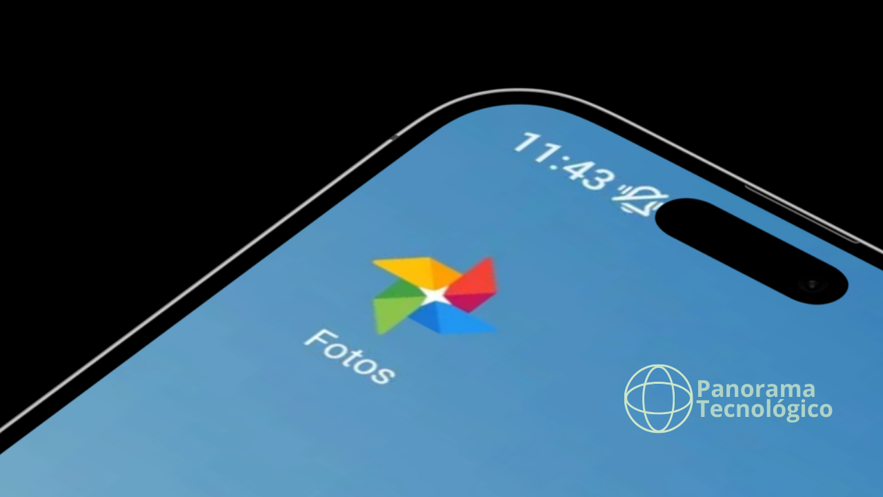 Tela de smartphone Android exibindo o ícone do aplicativo Google Fotos, com fundo azul, modo silencioso ativado e marca d'água 