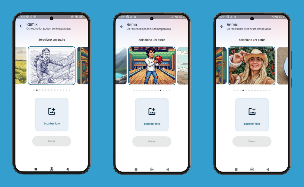Interface de aplicativo de edição de fotos com inteligência artificial exibida em três smartphones, mostrando estilos artísticos como desenho, cartoon e foto realista — ideal para conteúdo sobre apps criativos, filtros de imagem, tecnologia mobile e edição com IA. Imagem: Panorama Tecnológico.