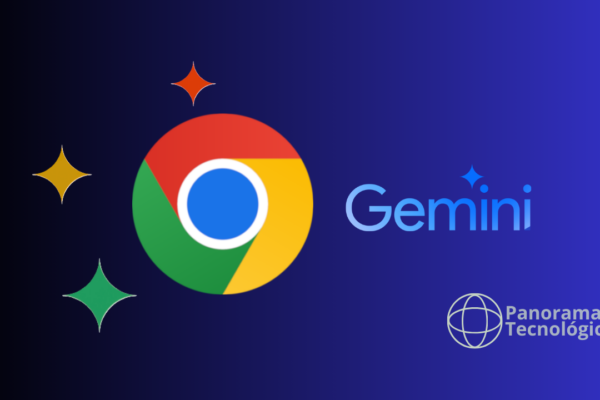 Ilustração com fundo em degradê azul exibindo o logotipo do Google Chrome ao centro, ao lado da palavra ‘Gemini’ em azul claro, com elementos gráficos em formato de estrelas coloridas ao redor e a marca ‘Panorama Tecnológico’ no canto inferior direito.