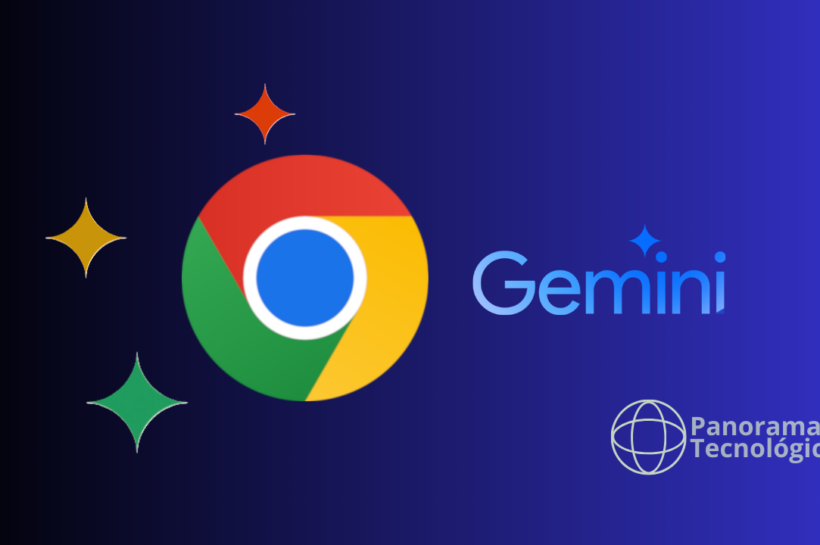 Ilustração com fundo em degradê azul exibindo o logotipo do Google Chrome ao centro, ao lado da palavra ‘Gemini’ em azul claro, com elementos gráficos em formato de estrelas coloridas ao redor e a marca ‘Panorama Tecnológico’ no canto inferior direito.
