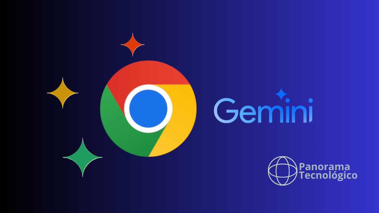 Ilustração com fundo em degradê azul exibindo o logotipo do Google Chrome ao centro, ao lado da palavra ‘Gemini’ em azul claro, com elementos gráficos em formato de estrelas coloridas ao redor e a marca ‘Panorama Tecnológico’ no canto inferior direito.