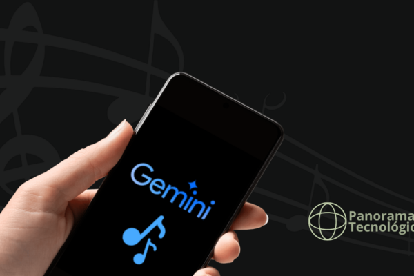 Mão segurando um smartphone com a tela exibindo o logotipo do Gemini e ícones de notas musicais, sobre fundo escuro com elementos gráficos de partitura, representando o Gemini Lyria 3 e a criação de músicas com IA, geração de trilhas sonoras e composição musical por inteligência artificial.