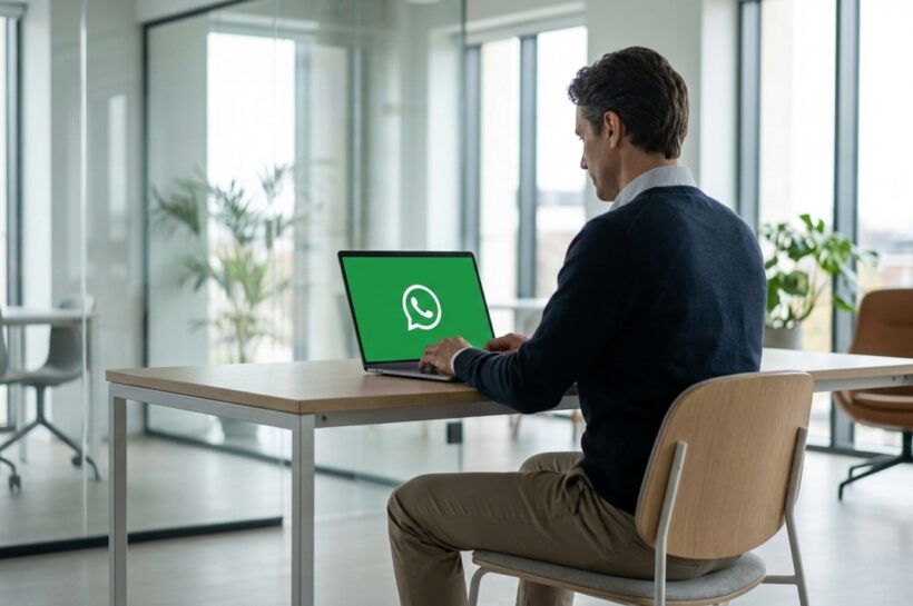 Homem sentado em uma mesa de escritório moderno e iluminado, utilizando um notebook com o logotipo do WhatsApp exibido na tela, em um ambiente corporativo com paredes de vidro, plantas e cadeiras ao fundo, representando o uso do WhatsApp no trabalho ou via desktop. Imagem gerada com inteligência artificial.