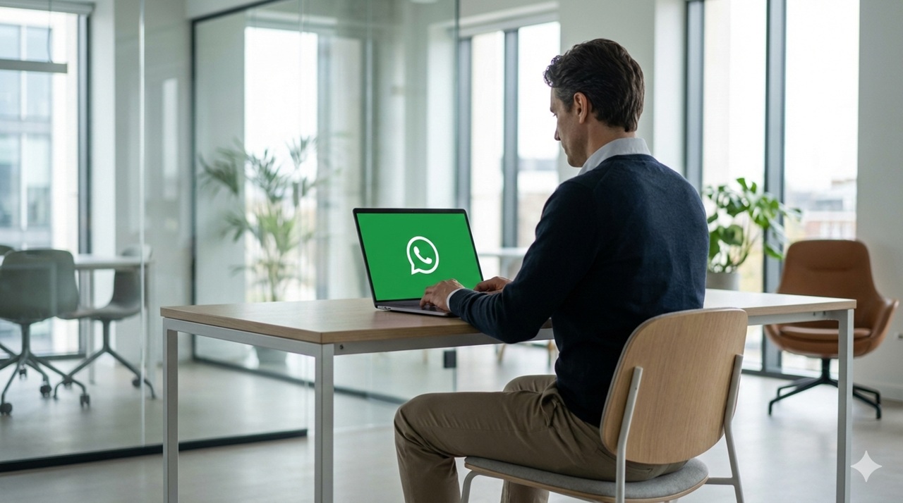 Homem sentado em uma mesa de escritório moderno e iluminado, utilizando um notebook com o logotipo do WhatsApp exibido na tela, em um ambiente corporativo com paredes de vidro, plantas e cadeiras ao fundo, representando o uso do WhatsApp no trabalho ou via desktop. Imagem gerada com inteligência artificial.