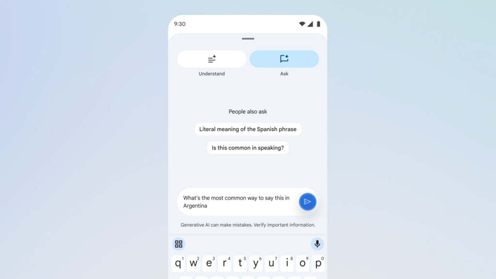 Interface do Google Tradutor em smartphone exibindo os modos ‘Understand’ e ‘Ask’, com sugestões automáticas de perguntas e campo de texto ativo para consulta sobre tradução e uso de expressões em diferentes idiomas, destacando recursos de inteligência artificial generativa para contexto linguístico. Créditos: Google / Divulgação.