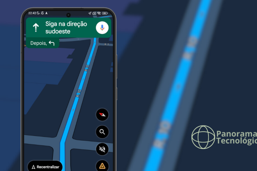 Smartphone exibindo a navegação do Google Maps em modo escuro, com rota destacada em azul e instrução ‘Siga na direção sudoeste’ no topo da tela, mostrando o trajeto em tempo real e controles de navegação durante o percurso.