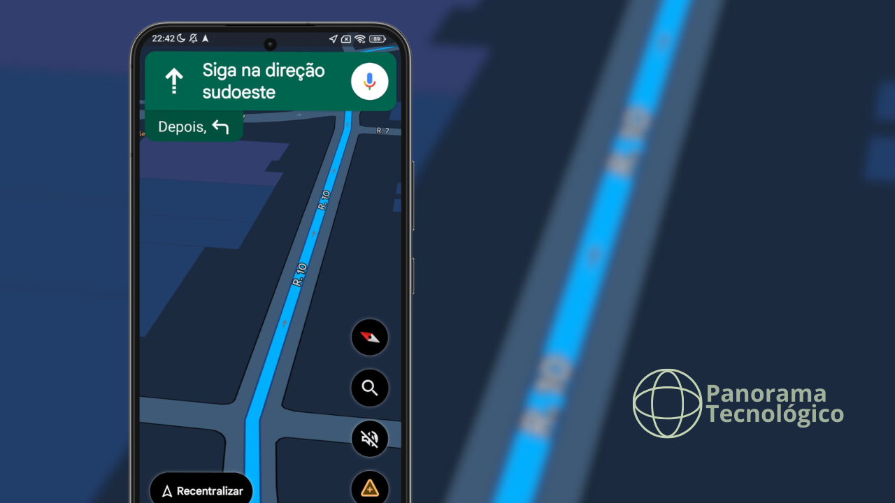 Smartphone exibindo a navegação do Google Maps em modo escuro, com rota destacada em azul e instrução ‘Siga na direção sudoeste’ no topo da tela, mostrando o trajeto em tempo real e controles de navegação durante o percurso.