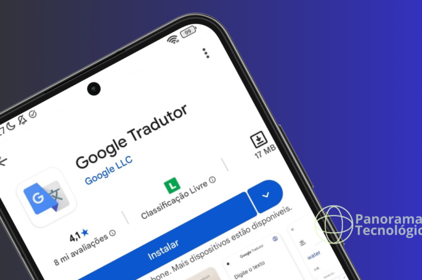 Smartphone exibindo a página do aplicativo Google Tradutor na Google Play Store, com nome do app, avaliação, classificação livre e botão ‘Instalar’ em destaque, sobre fundo roxo com a marca Panorama Tecnológico no canto.