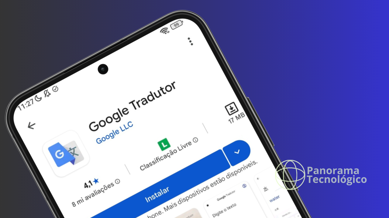 Smartphone exibindo a página do aplicativo Google Tradutor na Google Play Store, com nome do app, avaliação, classificação livre e botão ‘Instalar’ em destaque, sobre fundo roxo com a marca Panorama Tecnológico no canto.