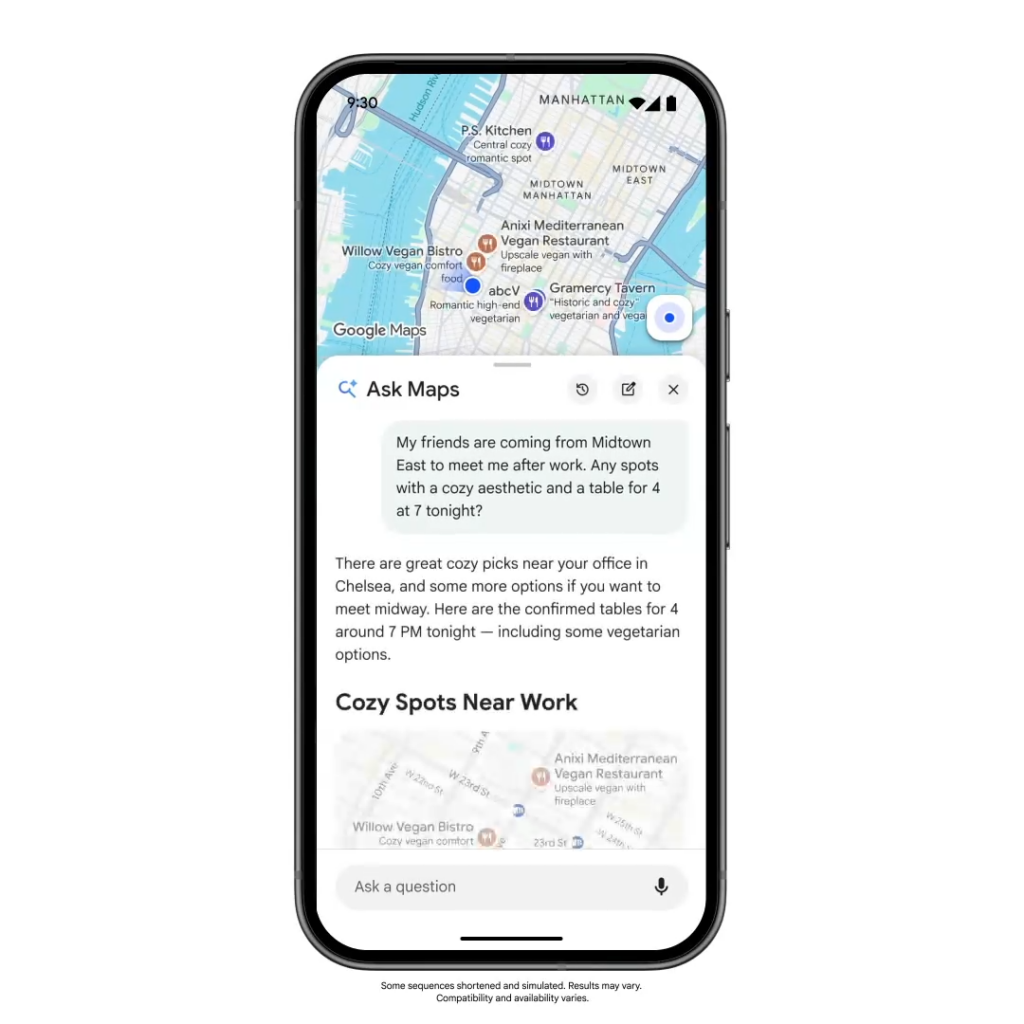 Smartphone exibindo o Google Maps com o recurso ‘Ask Maps’, onde a inteligência artificial responde a uma pergunta sobre restaurantes aconchegantes para quatro pessoas em Manhattan, mostrando sugestões de locais próximos diretamente no mapa. Créditos: Google divulgação.