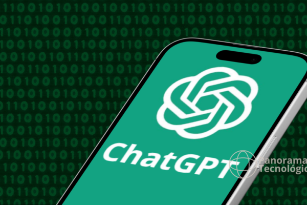 Smartphone exibindo o logotipo do ChatGPT em fundo verde, com padrão de código binário ao fundo, representando inteligência artificial e tecnologia digital.