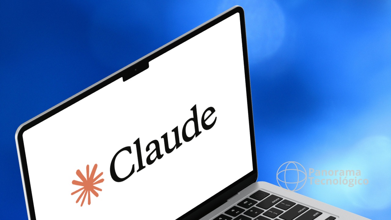 Notebook aberto exibindo o logotipo do Claude na tela, com o nome em destaque ao lado de um ícone em formato de estrela, sobre fundo com degradê azul, representando a plataforma de inteligência artificial da Anthropic.