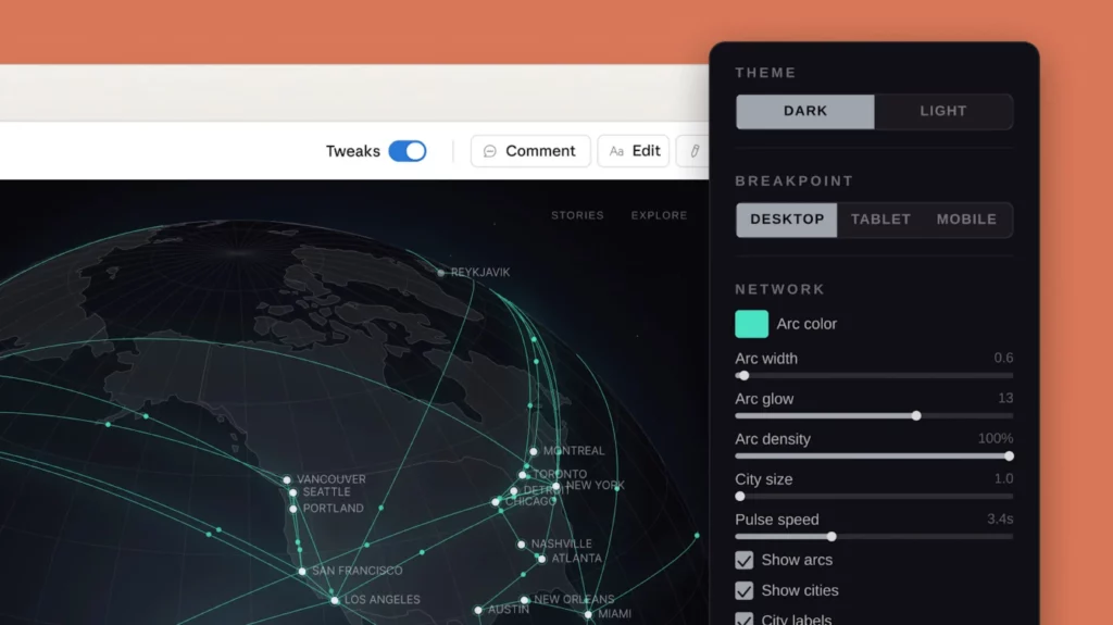 Interface de ferramenta de design exibindo um globo em 3D com conexões entre cidades ao redor do mundo, enquanto um painel lateral apresenta opções de personalização como tema escuro/claro, breakpoints (desktop, tablet e mobile) e ajustes de rede, como cor, densidade e velocidade das animações. Créditos: Anthropic divulgação.