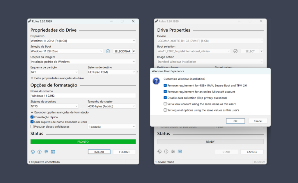Captura de tela do Rufus exibindo a interface de criação de pendrive bootável do Windows 11, com opções avançadas para personalizar a instalação, incluindo remoção de requisitos de TPM 2.0, Secure Boot e conta Microsoft online. Créditos: Rufus divulgação.