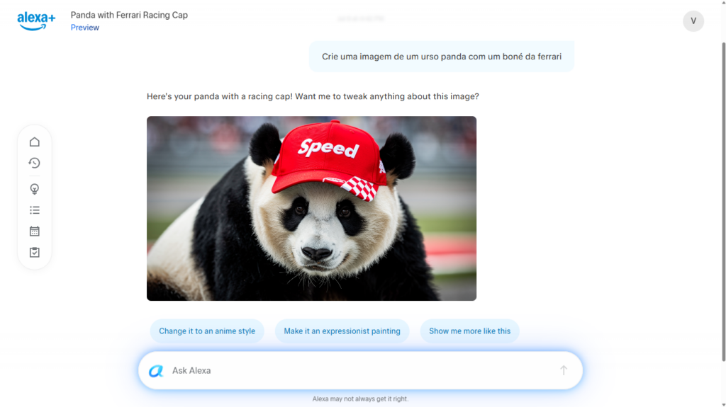 Interface da Alexa+ exibindo um recurso de geração de imagens por inteligência artificial. Na conversa, o usuário solicita em português a criação de uma imagem de um urso panda usando um boné da Ferrari, e a assistente responde com a ilustração gerada, além de oferecer opções para alterar o estilo da imagem ou criar novas variações.