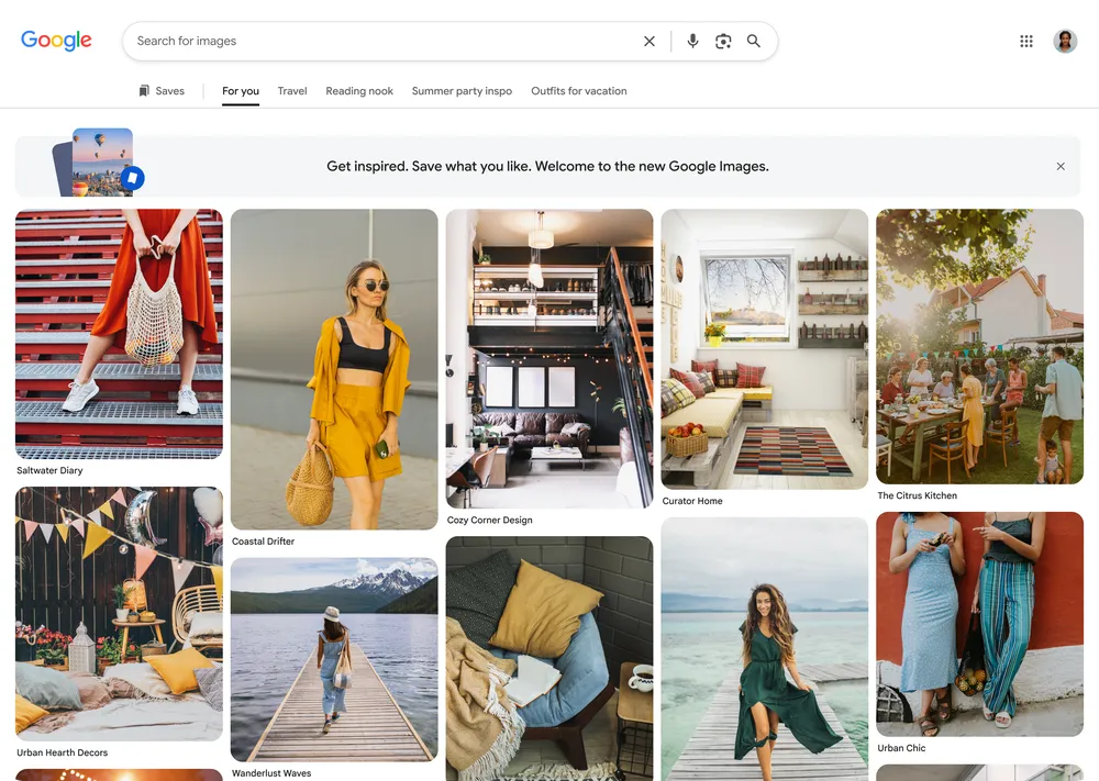 Página do Google imagens exibindo a guia "For you", uma novidade na nova versão da plataforma.
