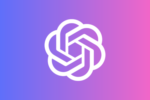 Logotipo branco do ChatGPT centralizado sobre um fundo em degradê que combina azul, roxo e rosa, representando inteligência artificial generativa e ferramentas de IA.