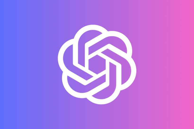 Logotipo branco do ChatGPT centralizado sobre um fundo em degradê que combina azul, roxo e rosa, representando inteligência artificial generativa e ferramentas de IA.