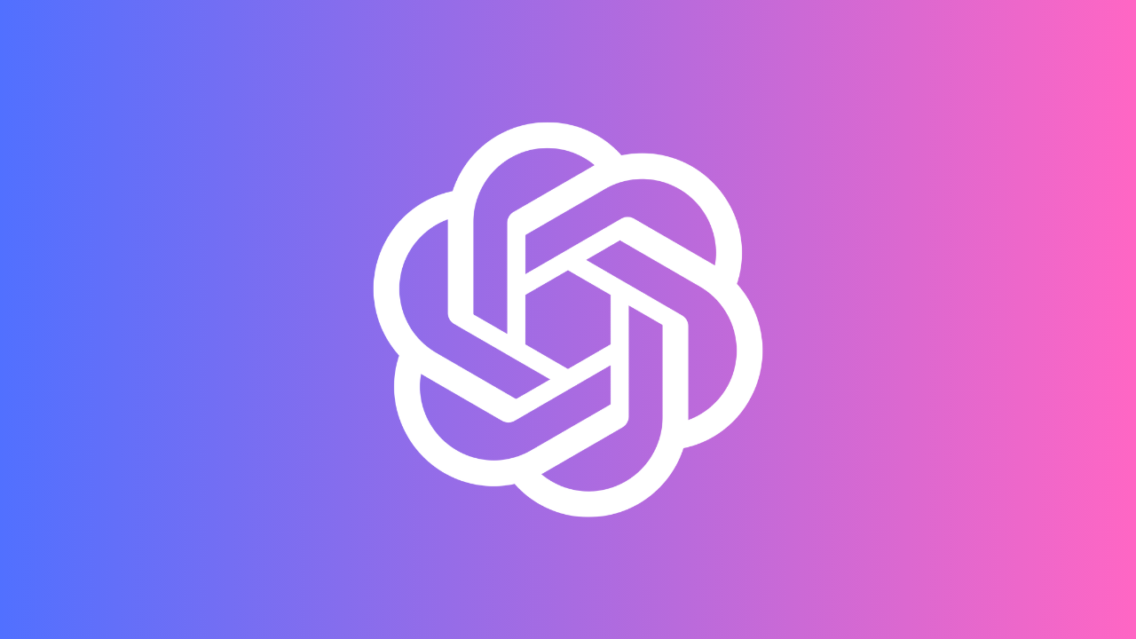 Logotipo branco do ChatGPT centralizado sobre um fundo em degradê que combina azul, roxo e rosa, representando inteligência artificial generativa e ferramentas de IA.